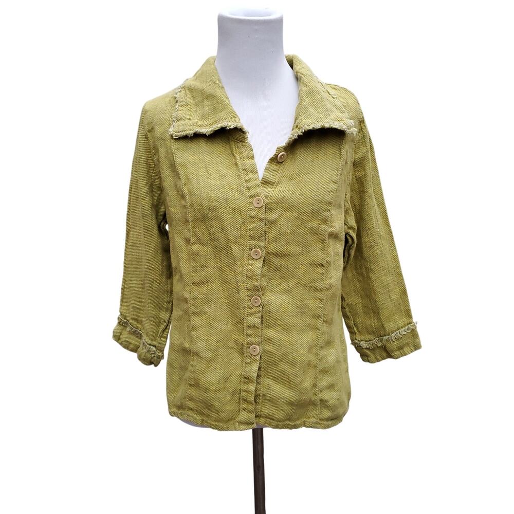 FLAX 100% Linen Shirt Jacket Shacket Lagenlook Boho Button Down Fringe Sz P